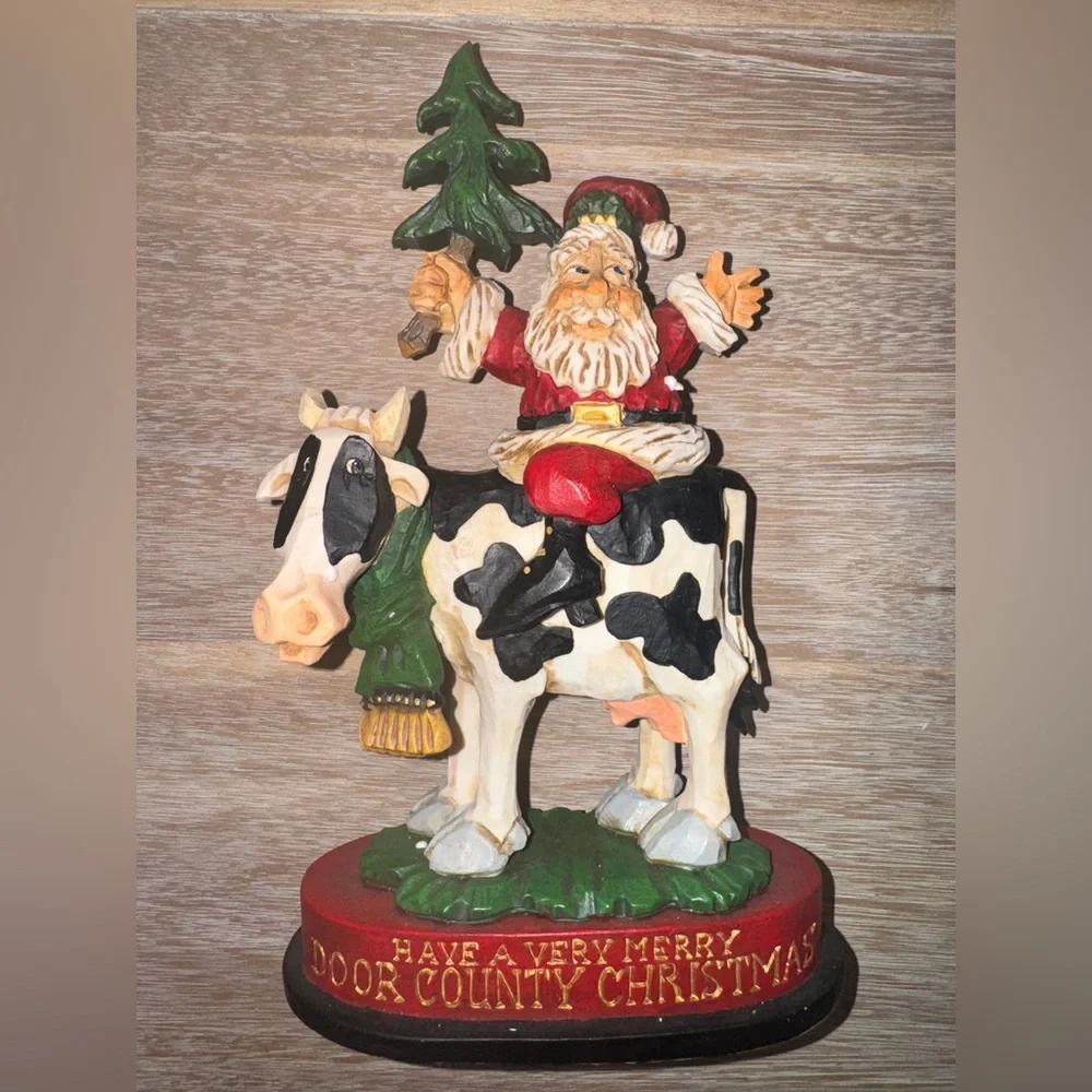 Vintage David Frykman Santa On Holstein Tree Riding Cow Sculpture Figurine